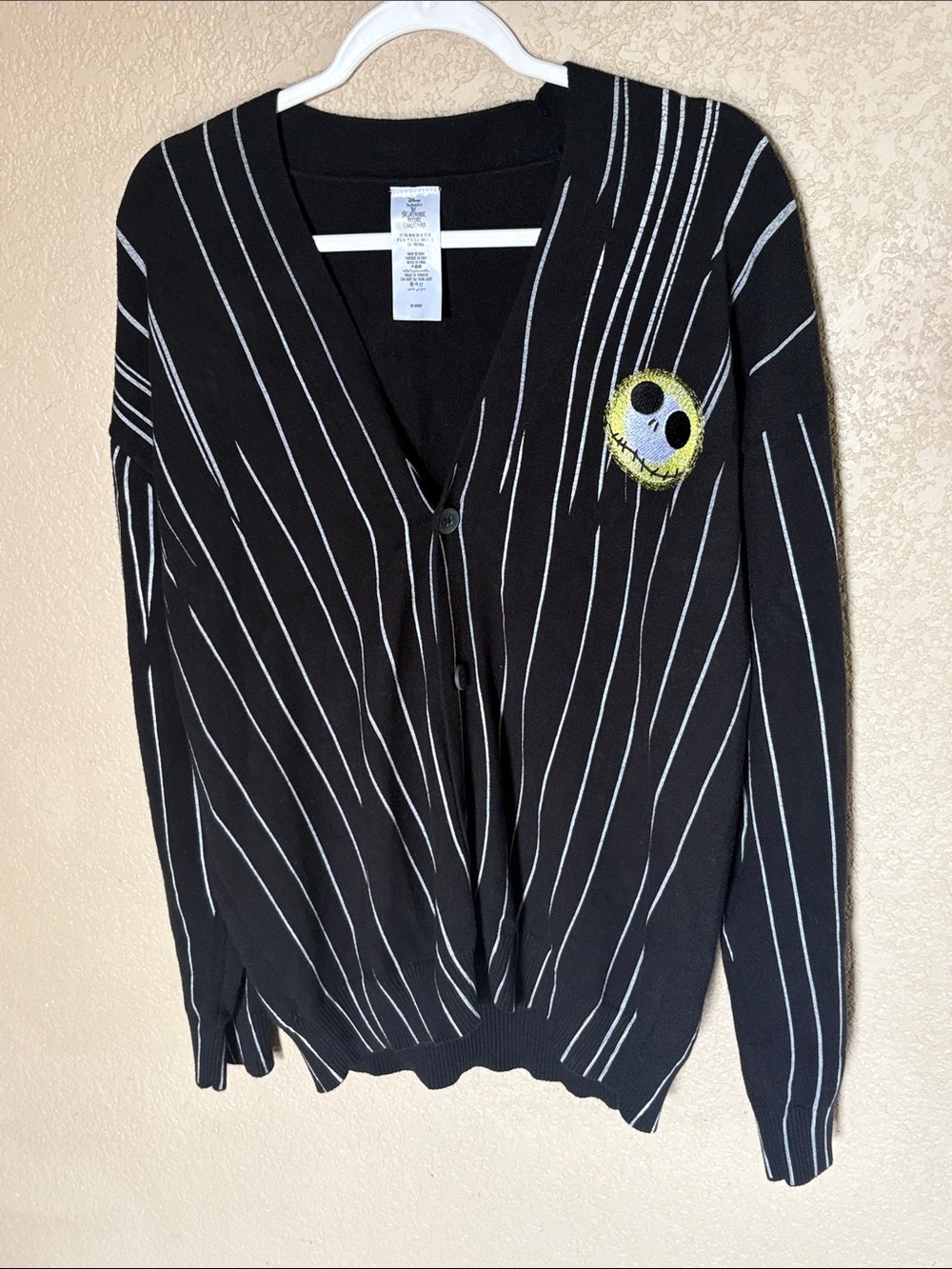 Disney NBC Black Pinstripe Cardigan Sweater with Yellow Smiley Patch